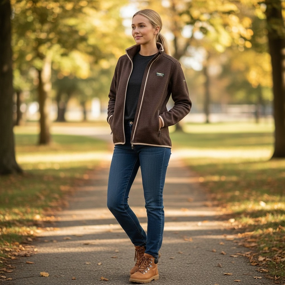 LL Bean Sweater Fleece Full Zip Jacket Brown Women Small 504888 Cocoa Trim